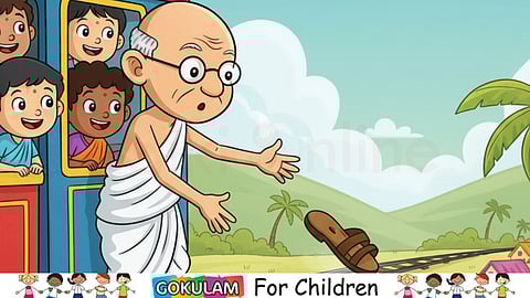 Gandhiji throwing his shoe on track