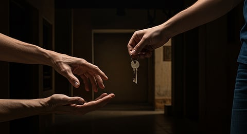 Old hand reaches for key; young hand turns away.