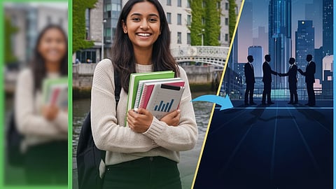 Student in Ireland, arrow to business people in city.