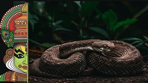 Coiled Russell’s viper next to colorful Kathakali design