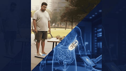 Sad overweight man on scale; futuristic gut tech offers hope. 
