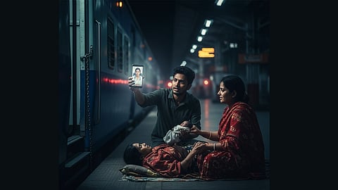 Man holds phone to doctor, assisting birth on dark platform.