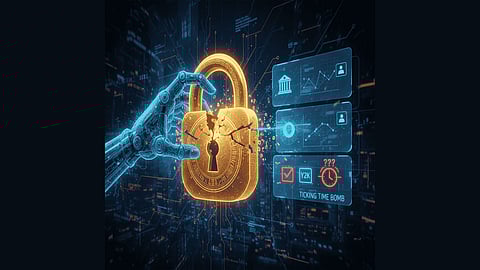Cybernetic hand breaking digital padlock, data screens floating.