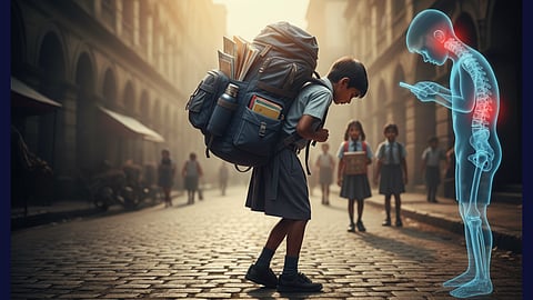 A child struggles with a heavy school bag next to a glowing skeletal figure with neck and back pain.