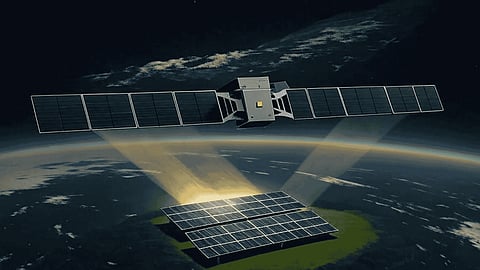 Satellites in orbit reflecting sunlight onto Earth solar panels.
