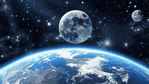 Earth with traditional moon and small quasi-moon in starry space.