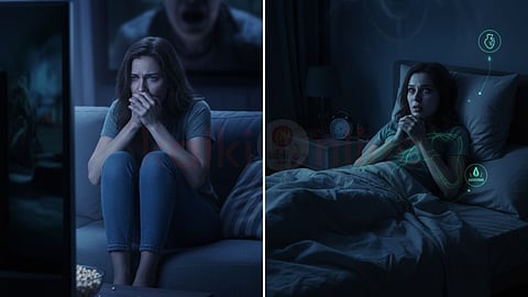 a woman watch horror movie at night