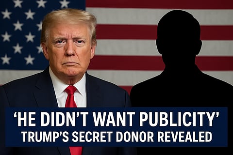 Trump beside shadowed figure under US flag backdrop.