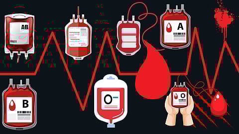 llustration showing different blood bags and red drops.