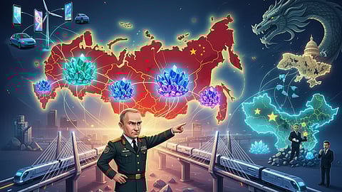 Leader points to Russia map with rare crystals and trade routes