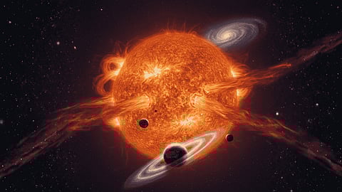 Fiery Sun expanding near planets in deep outer space