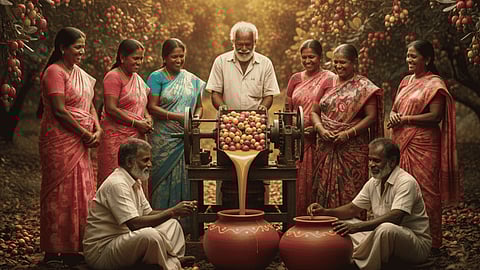 Farmers make jaggery from cashew apples in rural orchard scene.