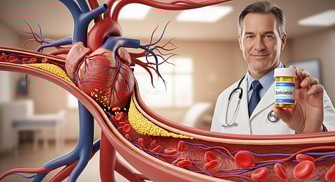Doctor holds Enlicitide pill beside heart artery diagram.