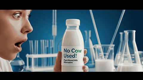 Person amazed at bottle labeled “No Cow Used!” in lab setup