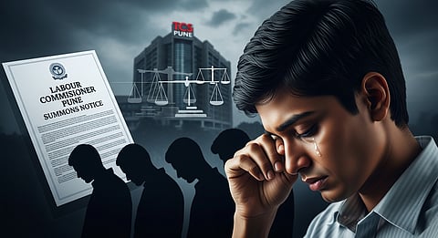 Summons paper, silhouettes of workers, TCS building, upset man