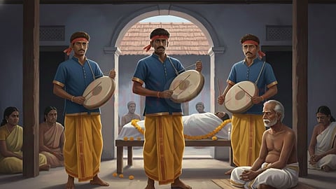 Three people play parai in the house of the deceased.