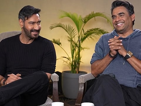 Actors Madhavan and Ajay Devgan share a fun chat during an interview.