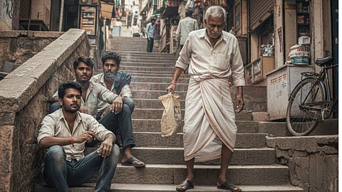 An old man is coming down the stairs. Youngsters are sitting on the stairs