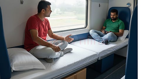 two men speaking in train