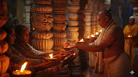 Devote receiving flower from Poojari in temple