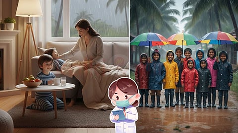 children in rain and unwell child lying on the sofa