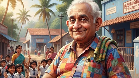 Old man  with school children