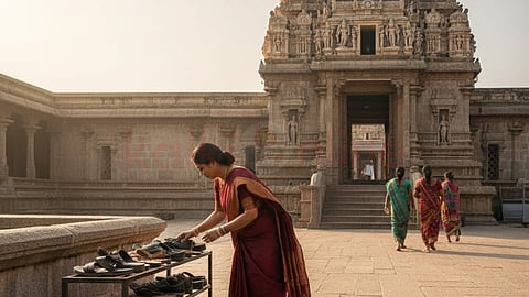 A woman removing the footwear on entrance of temple