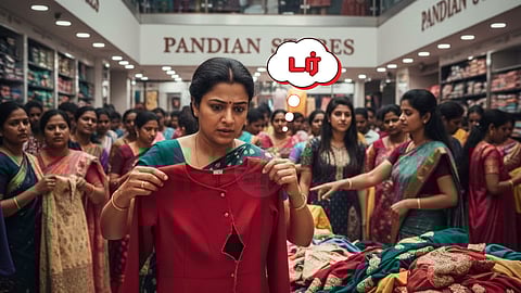 A woman in textile shop