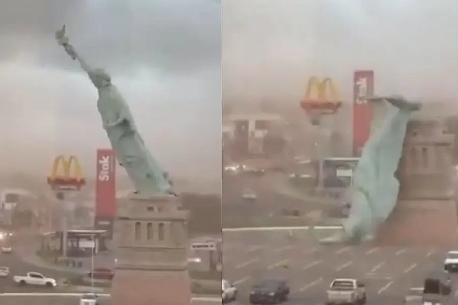 90 கி.மீ பேய் காற்று : வேருடன் பெயர்ந்து விழுந்த சுதந்திர தேவி சிலை..!