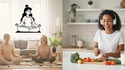 women meditating and cooking