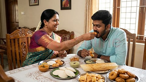 Woman feeding food to man