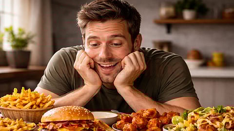 A man looks at the tempting food 