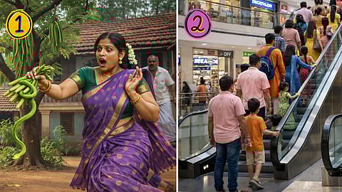woman with snack and people going up on the escalator 