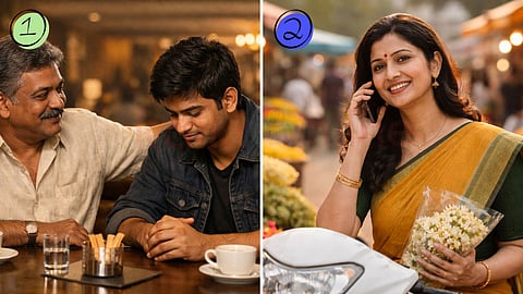 Discussion between father and son and a woman speaking in phone