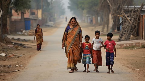 Poor lady walking with children