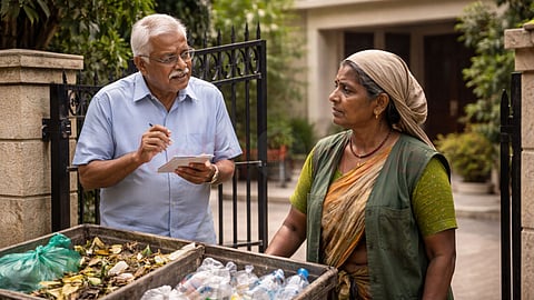 Sanitation workers and old man