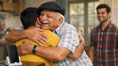  An old man hugged the young man