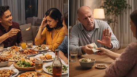 A man feeds a woman, and a man gives money