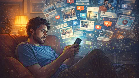 young man scrolling phone 