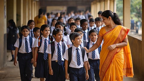 Students and teacher are walking