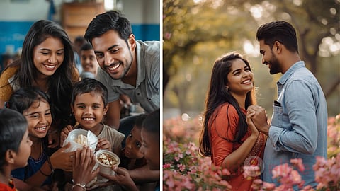 A lovers giving food to orphanage children's and lovers holding hands