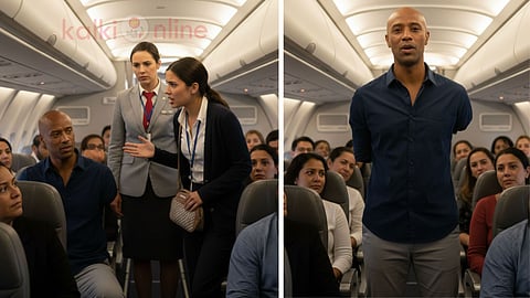 A woman arguing with flight attendant and an armless man talking  to passengers