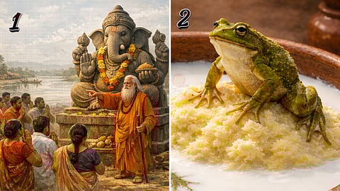village people and lord Ganesh & Two frogs in milk