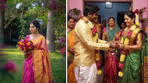 Women holding a bouquet in her hand and a men and a women exchanging flower garlands