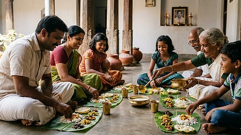 Sitting on the floor with family and eating foods