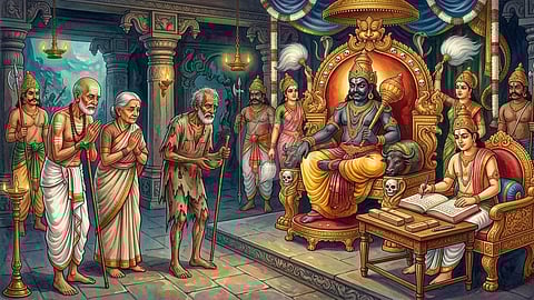 Yama, Chitragupta, Old couple and Old Beggar