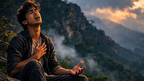 A man sing emotional song in the misty mountains