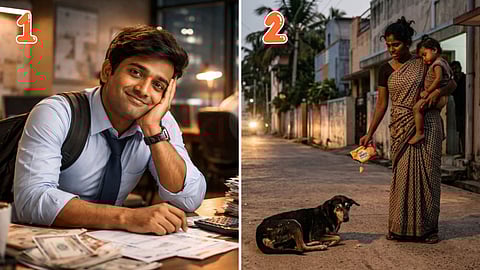 a man is sitting in office and woman is feeding a dog