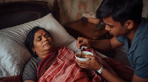 Son taking care of his bedridden mother