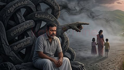 A man sittind sadly and a woman leaving him with 2 children